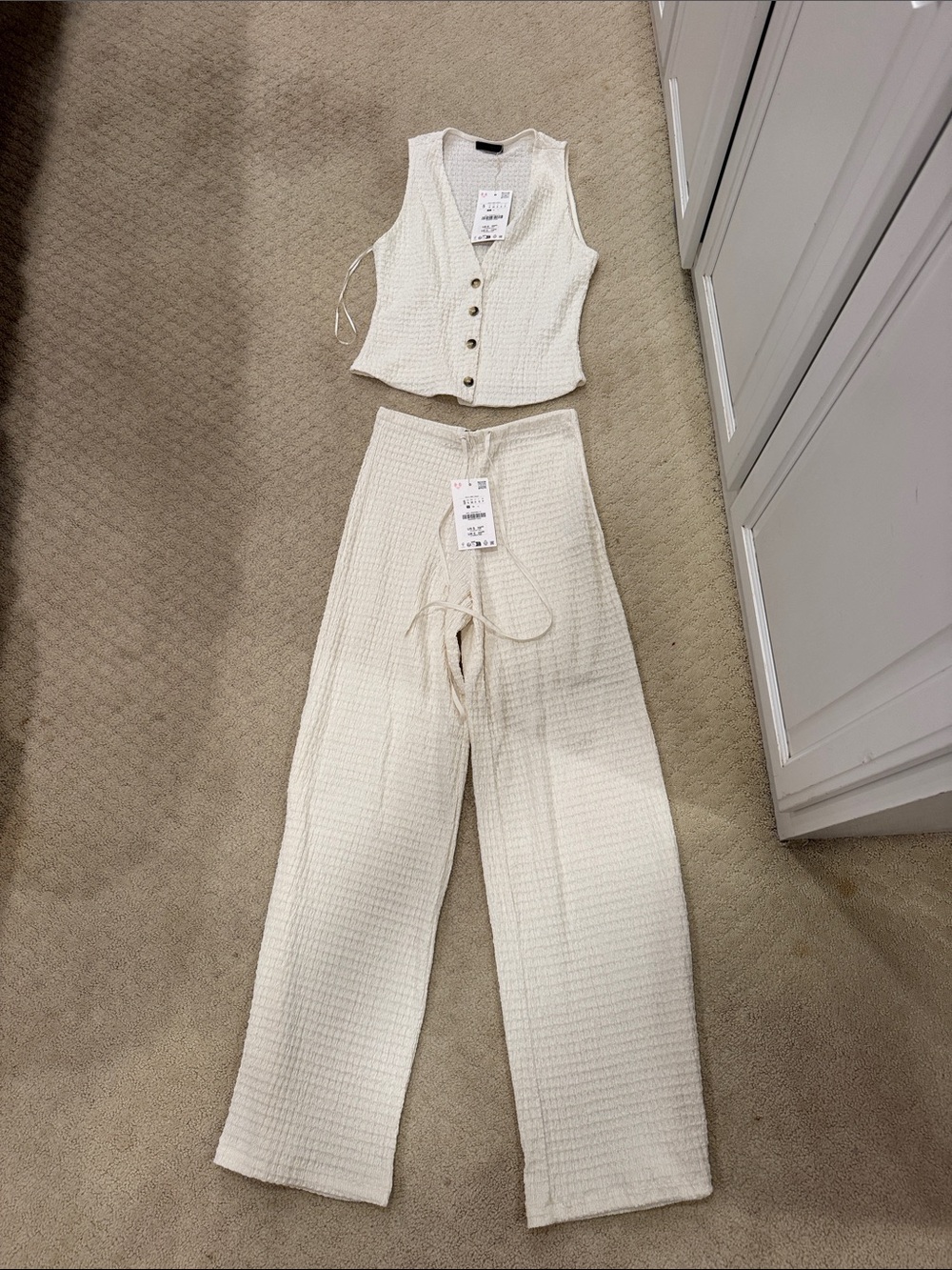 Zara Ivory Waffle-Knit Wide-Leg Pants and button top